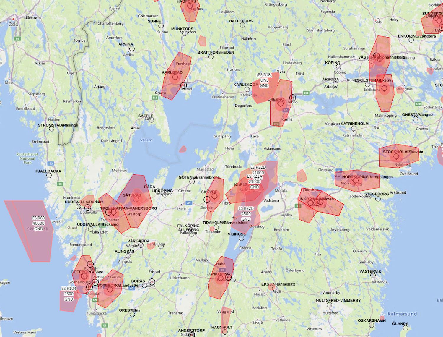 Karta över platser där drönarflygning är olagligt.